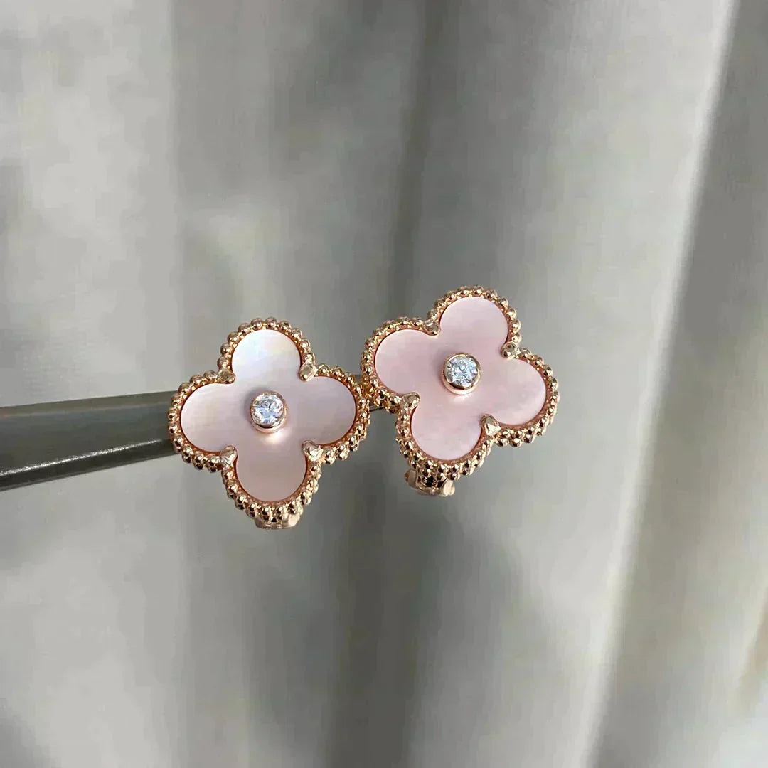[Stars Jewelry]CLOVER MEDIUM 1 MOTIFS  PINK MOP DIAMOND EARRINGS