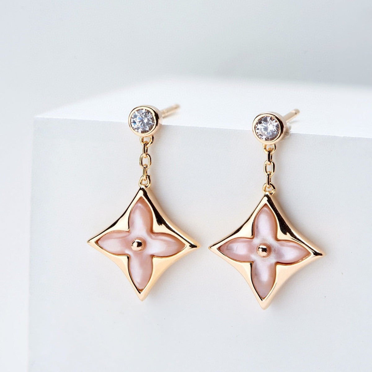 [Stars Jewelry]DOUBLE STAR PINK GOLD MOP DROP EARRINGS