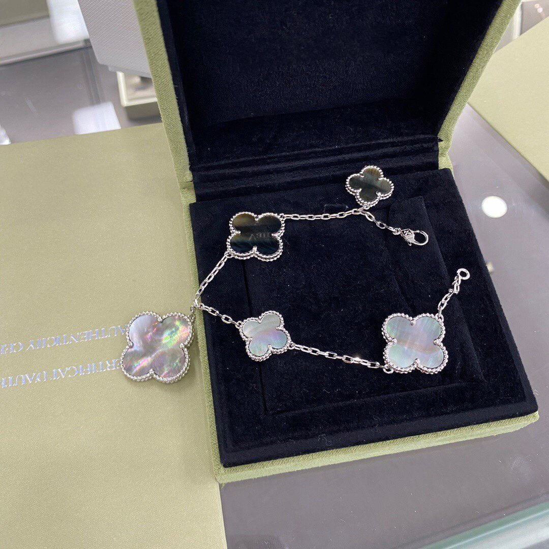 [Stars Jewelry]CLOVER 5 MOTIFS SIVLER DARK MOP BRACELET