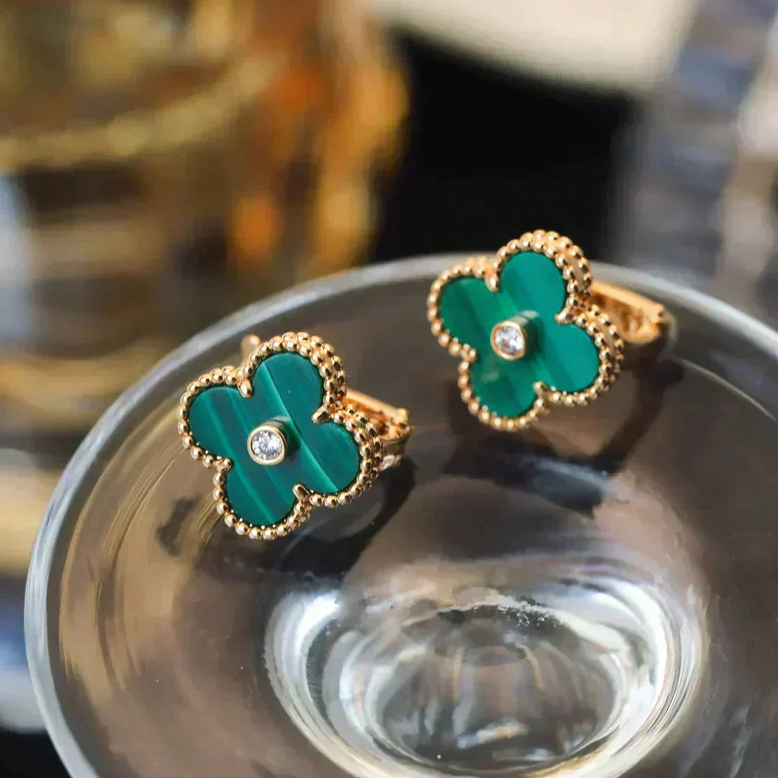 [Stars Jewelry]CLOVER MEDIUM 1 MOTIFS MALACHITE DIAMOND EARRINGS