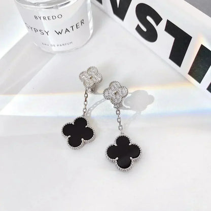 [Stars Jewelry]CLOVER 2 MOTIFS  DIAMOND ONYX EARRINGS SILVER
