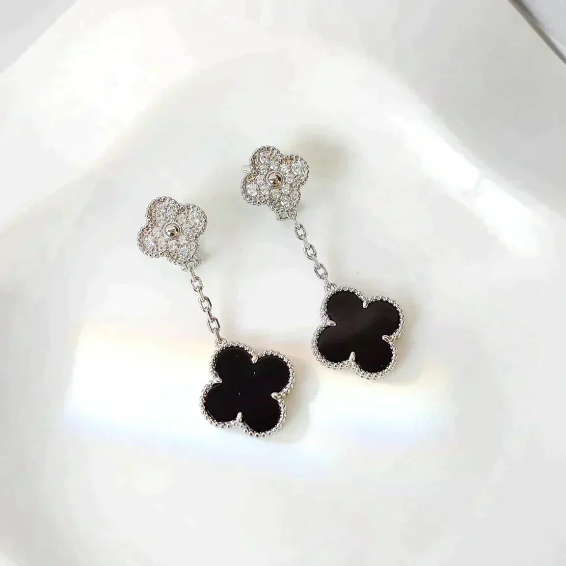 [Stars Jewelry]CLOVER 2 MOTIFS  DIAMOND ONYX EARRINGS SILVER