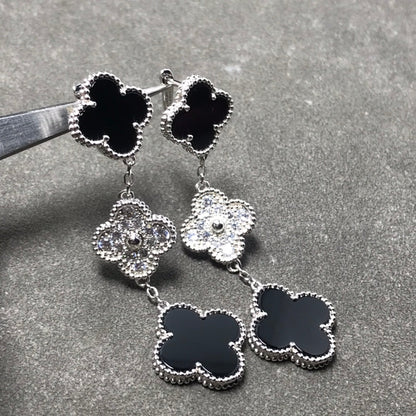 [Stars Jewelry]CLOVER 3 MOTIF DIAMOND ONYX SILVER EARRINGS