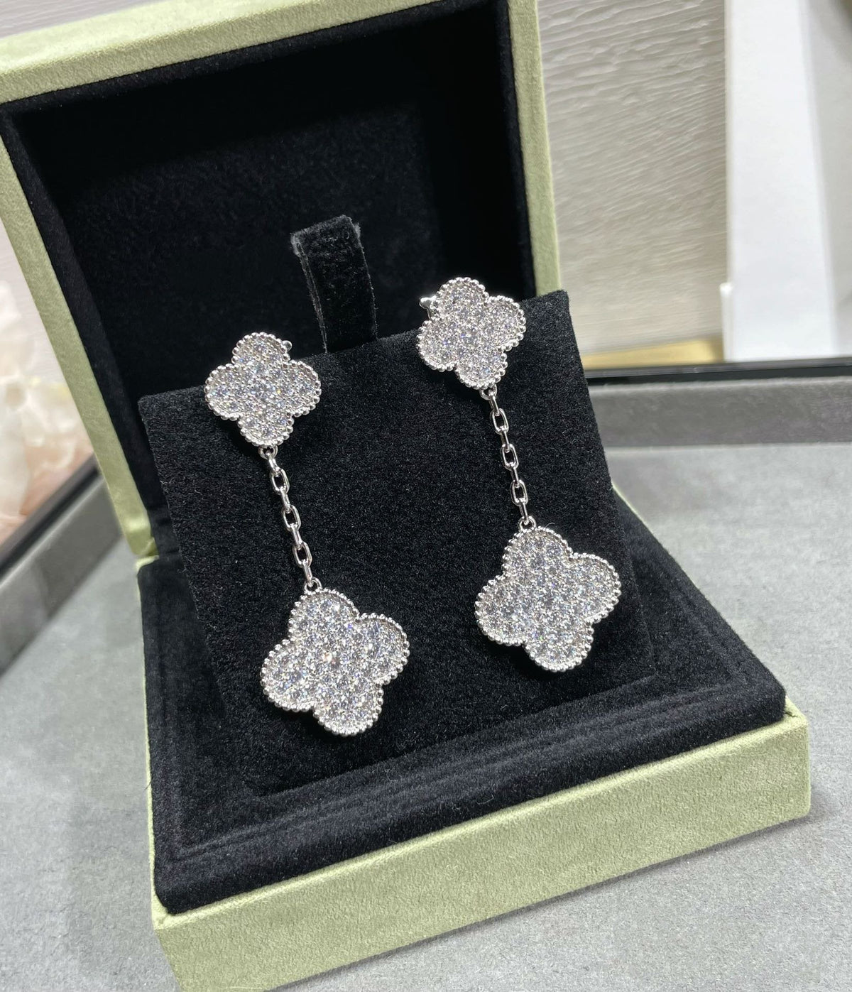 [Stars Jewelry]CLOVER 2 MOTIFS DIAMOND PAVED SILVER EARRINGS