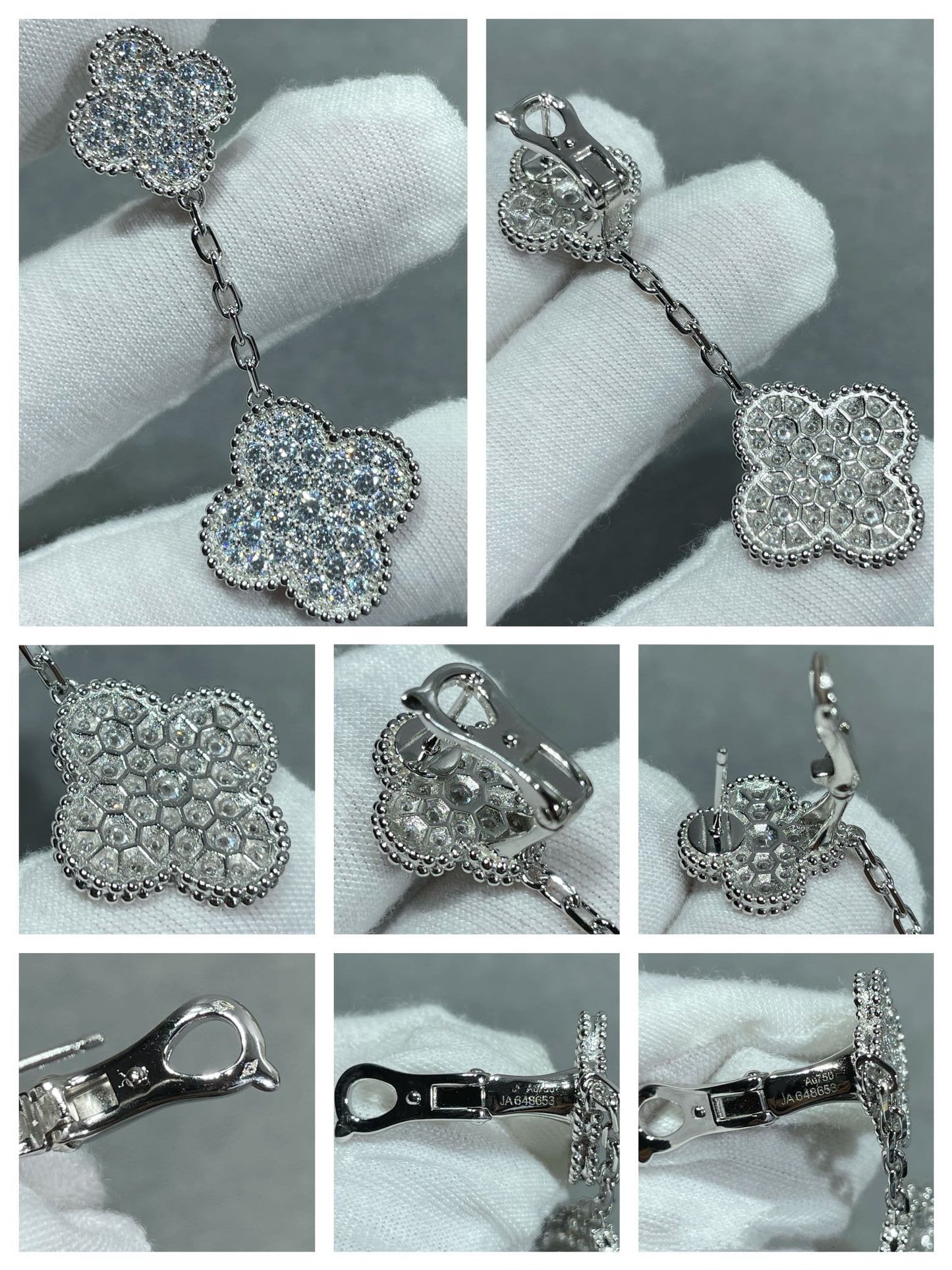 [Stars Jewelry]CLOVER 2 MOTIFS DIAMOND PAVED SILVER EARRINGS