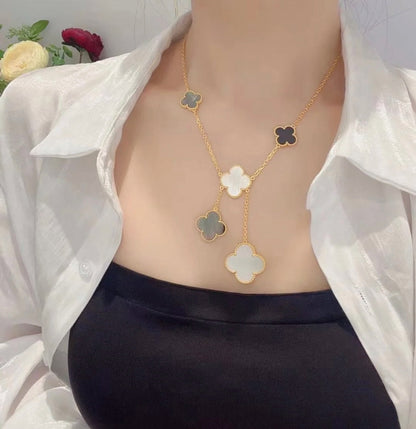 [Stars Jewelry]CLOVER 6 MOTIF MOP ONYX GOLD NECKLACE