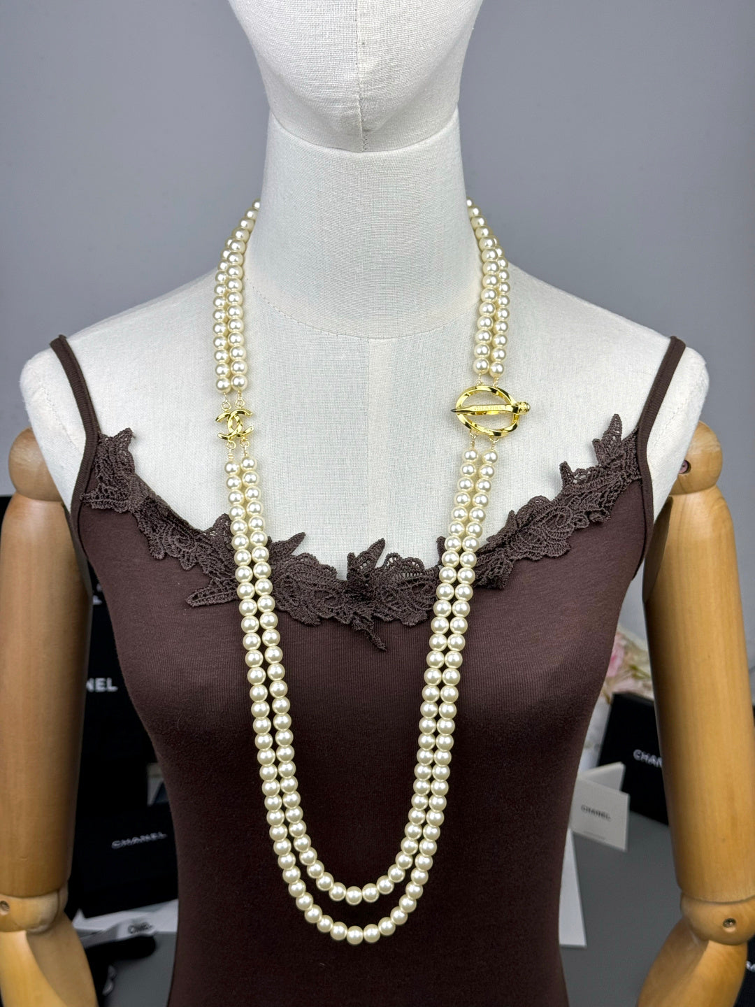 [Stars Jewelry]25K Pencil Double C Double-Layer Pearl Sweater Chain