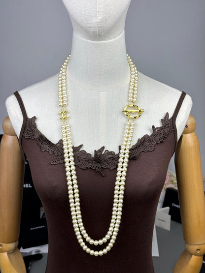 [Stars Jewelry]25K Pencil Double C Double-Layer Pearl Sweater Chain