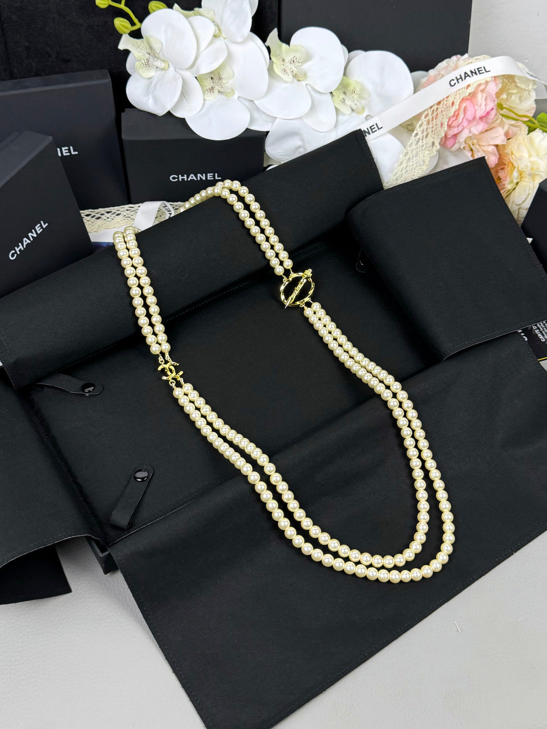 [Stars Jewelry]25K Pencil Double C Double-Layer Pearl Sweater Chain