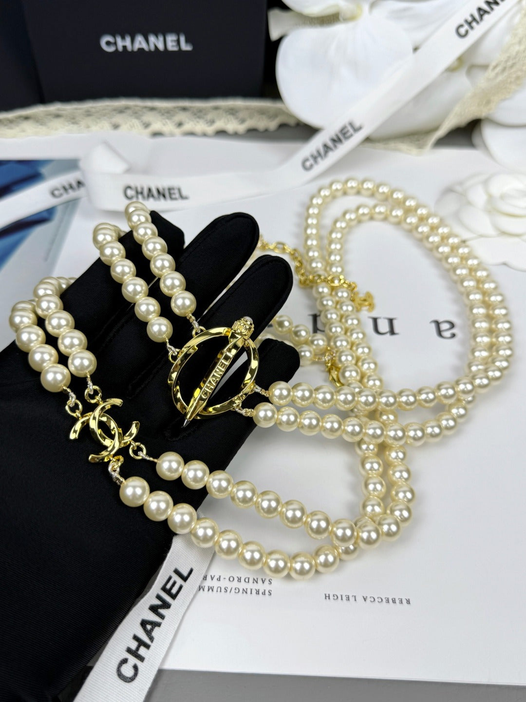 [Stars Jewelry]25K Pencil Double C Double-Layer Pearl Sweater Chain