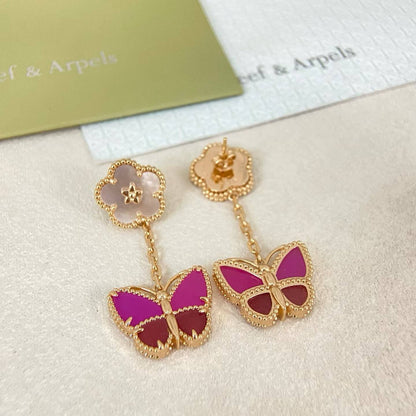 [Stars  Jewelry]ROSE QUARTZ TWO‑FLOWER BUTTERFLY DROP EARRINGS