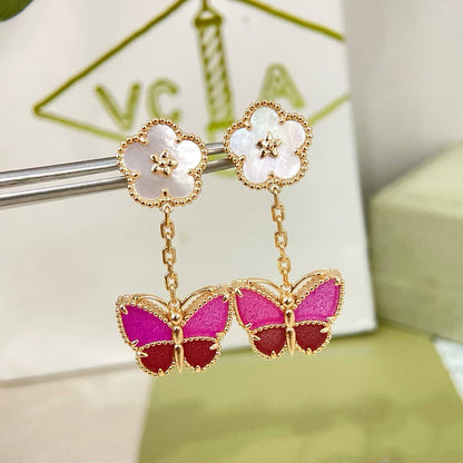[Stars  Jewelry]ROSE QUARTZ TWO‑FLOWER BUTTERFLY DROP EARRINGS