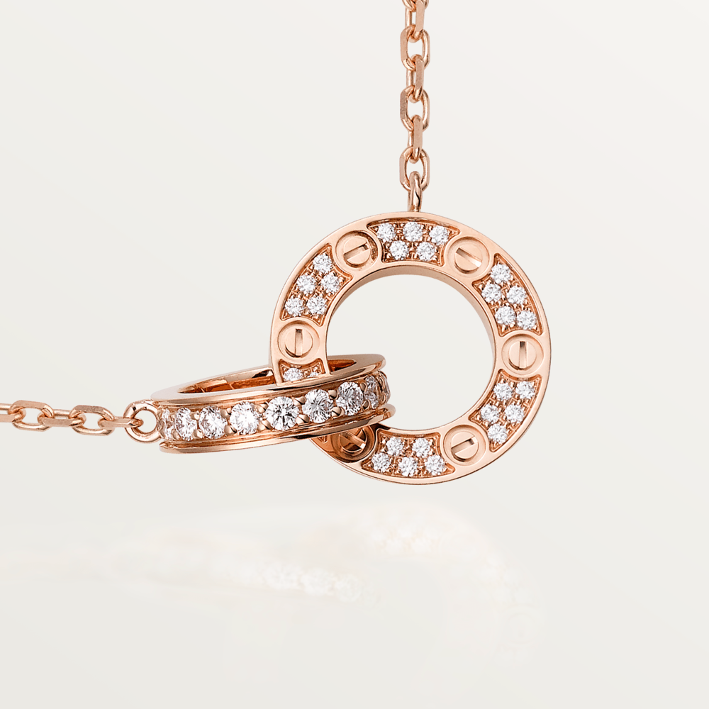 [Stars Jewelry]LOVE 7.6MM NECKLACE ROSE GOLD AND SILVER  FULL DIAMOND