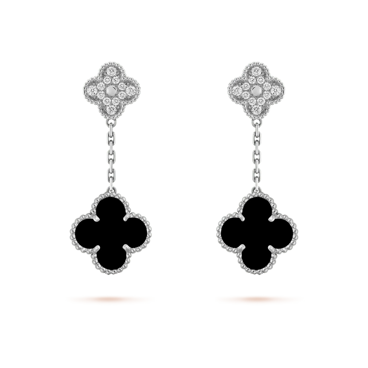 [Stars Jewelry]CLOVER 2 MOTIFS  DIAMOND ONYX EARRINGS SILVER