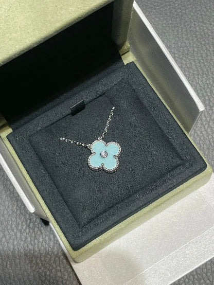 [Stars Jewelry]CLOVER 1 DIAMOND LIGHT BLUE SILVER NECKLACE