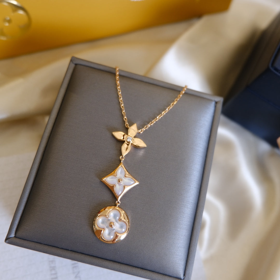 [Stars Jewelry]COLOR BLOSSOM LARIAT NECKLACE PINK GOLD WHITE MOTHER PEARL AND DIAMOND